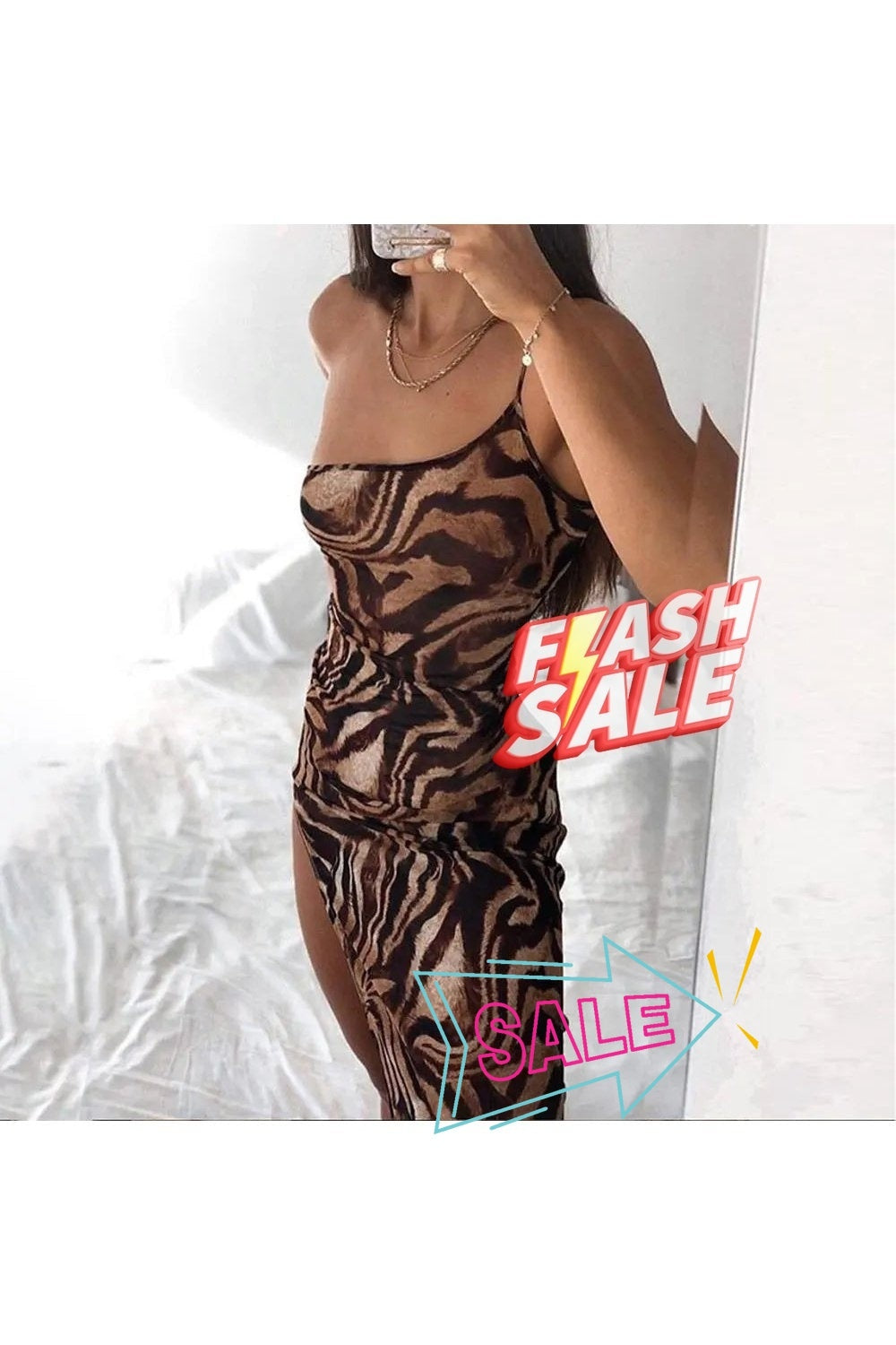 Women's Tiger Print One Shoulder Sleeveless Split Maxi Cami Dress