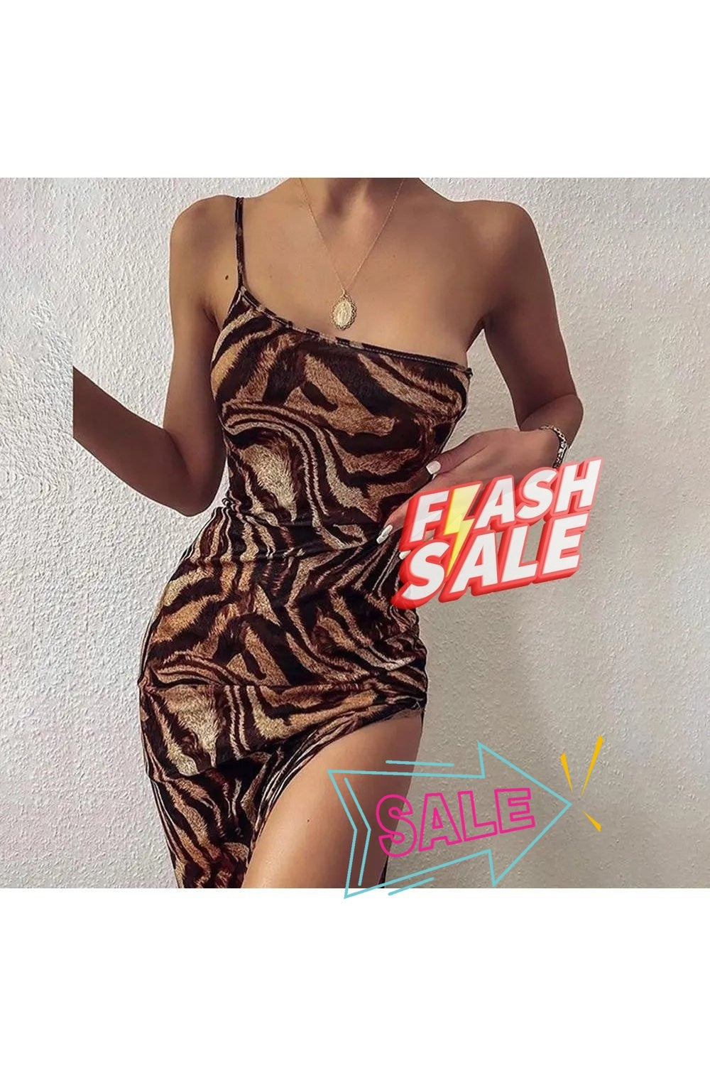 Women's Tiger Print One Shoulder Sleeveless Split Maxi Cami Dress