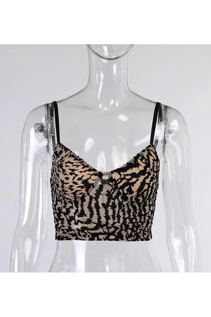 Women's Tiger Striped Spaghetti Strap Bustier Crop Cami Tops