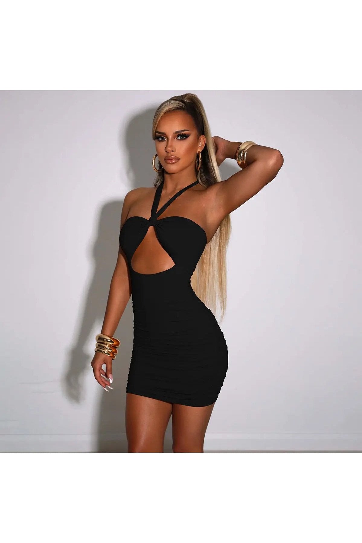 Women's Twist Front Backless Halter Neck Ruched Mini Bodycon Dress