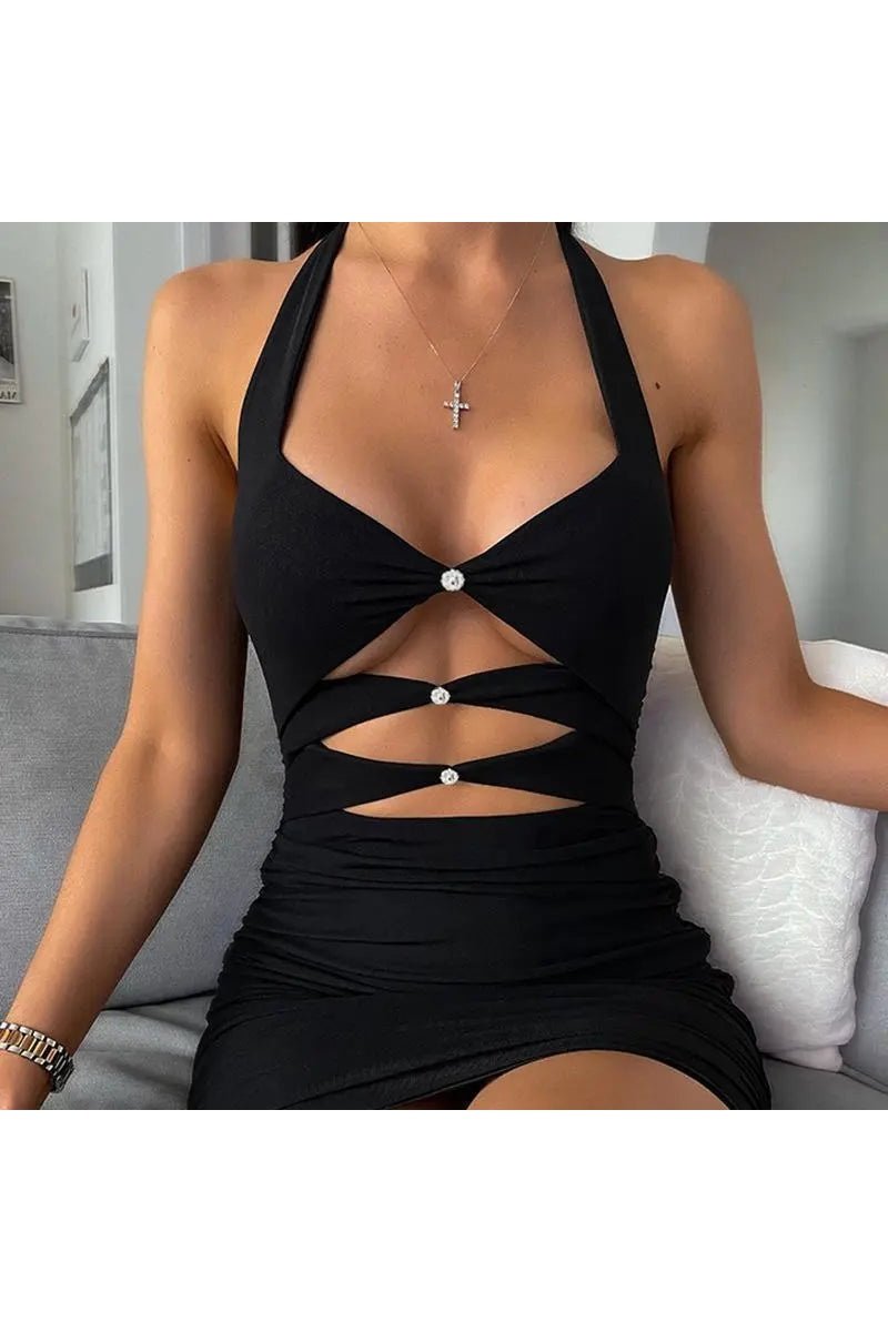 Women's Twist Front Cut Out Backless Halter Neck Mini Bodycon Dress