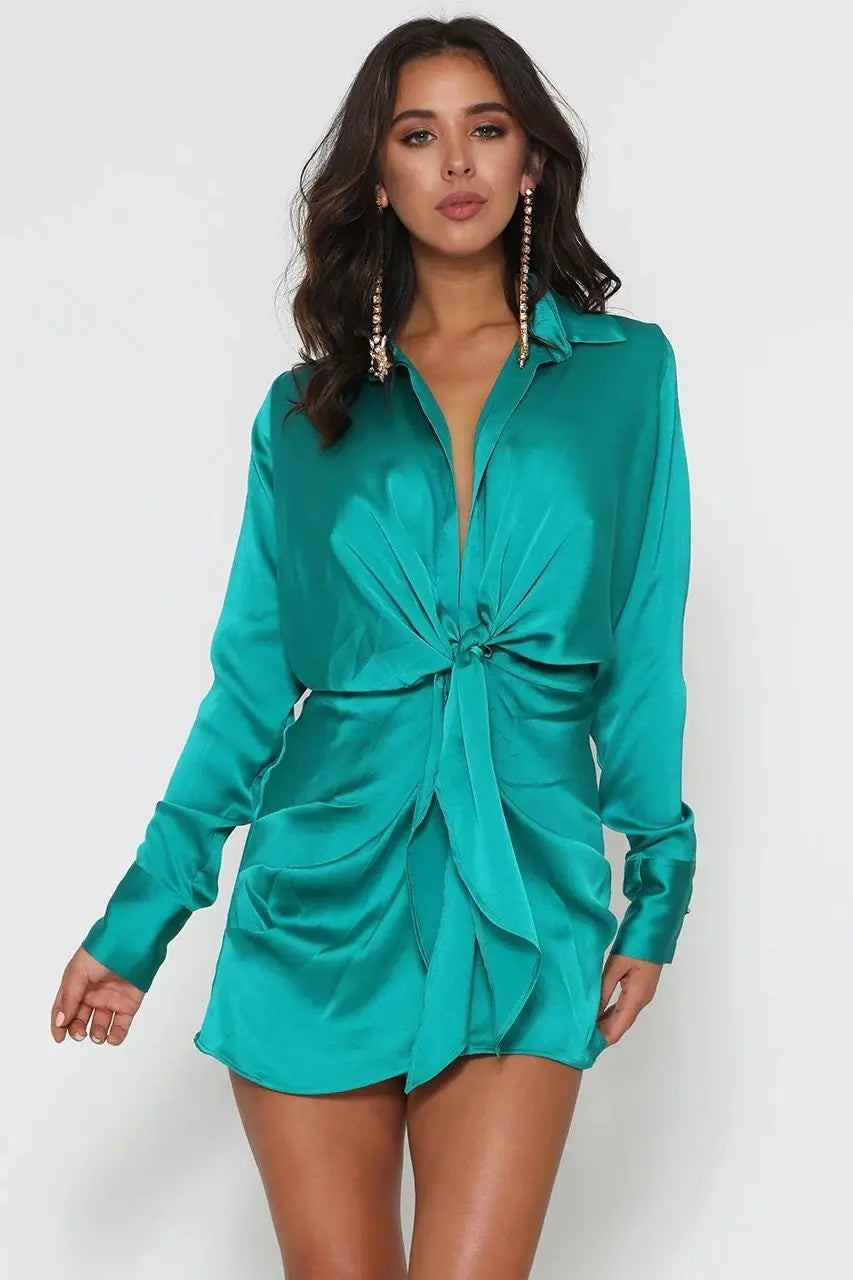 Women's Twist Front Deep V Button Front Mini Shirt Dress