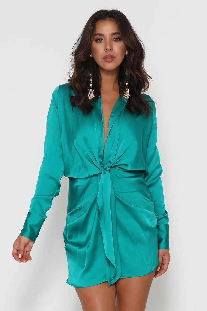 Women's Twist Front Deep V Button Front Mini Shirt Dress