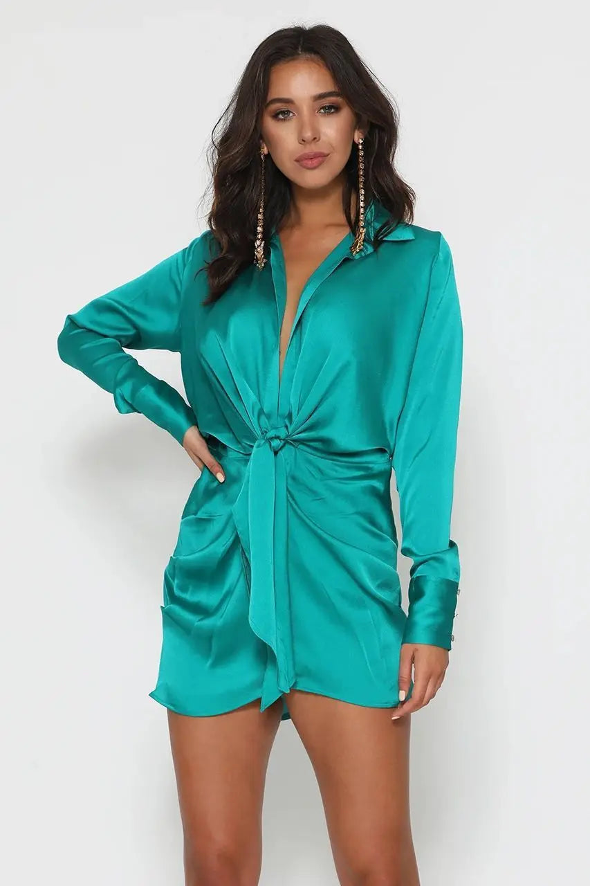 Women's Twist Front Deep V Button Front Mini Shirt Dress