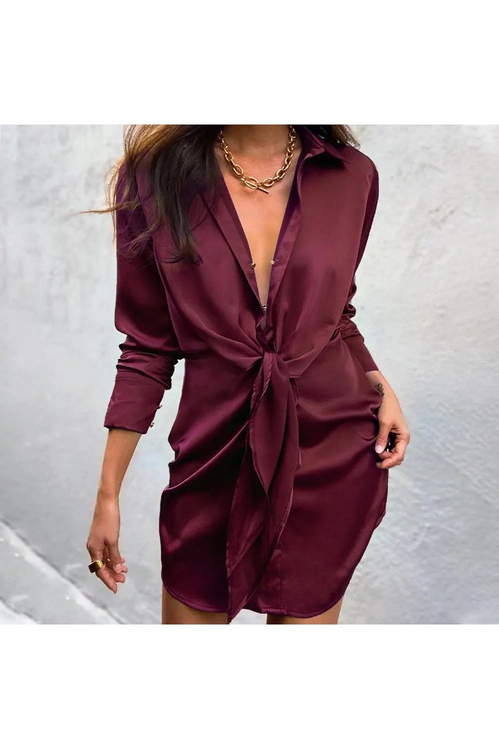 Women's Twist Front Long Sleeve Button Front Mini Shirt Dress