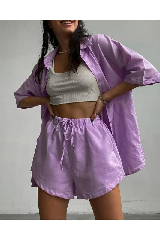 Women's Two Piece 3/4 Sleeve Button Down Shirt And Shorts Outfit