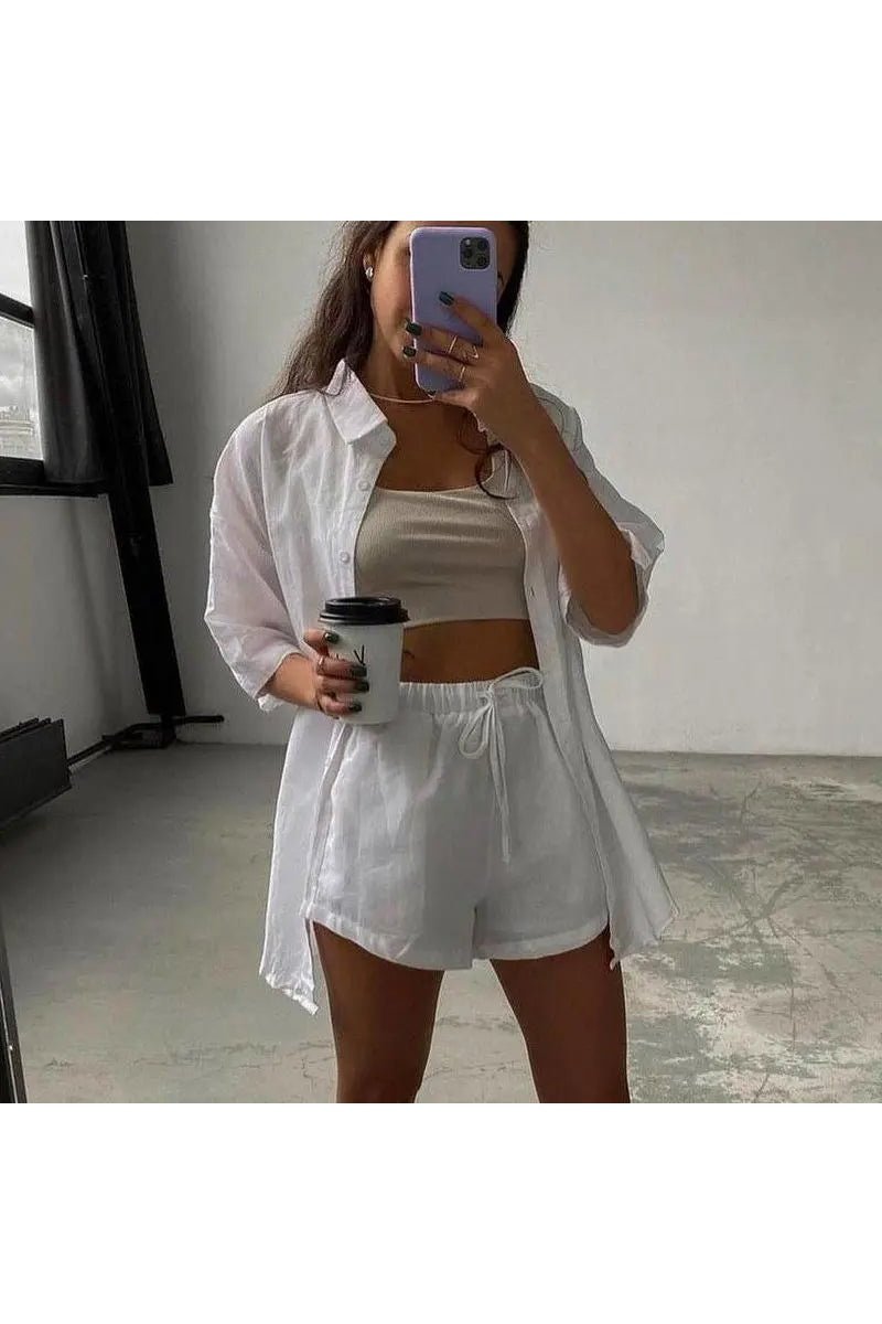 Women's Two Piece 3/4 Sleeve Button Down Shirt And Shorts Outfit