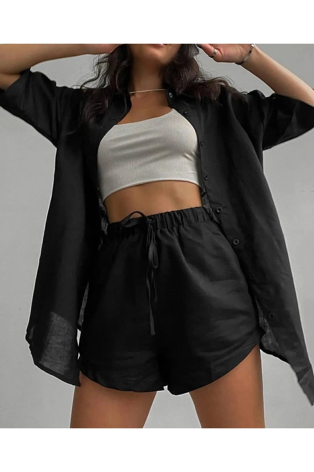 Women's Two Piece 3/4 Sleeve Button Down Shirt And Shorts Outfit