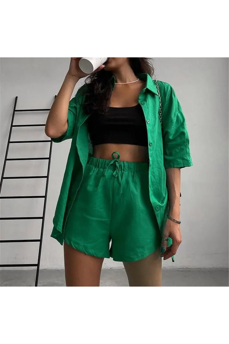 Women's Two Piece 3/4 Sleeve Button Down Shirt And Shorts Outfit