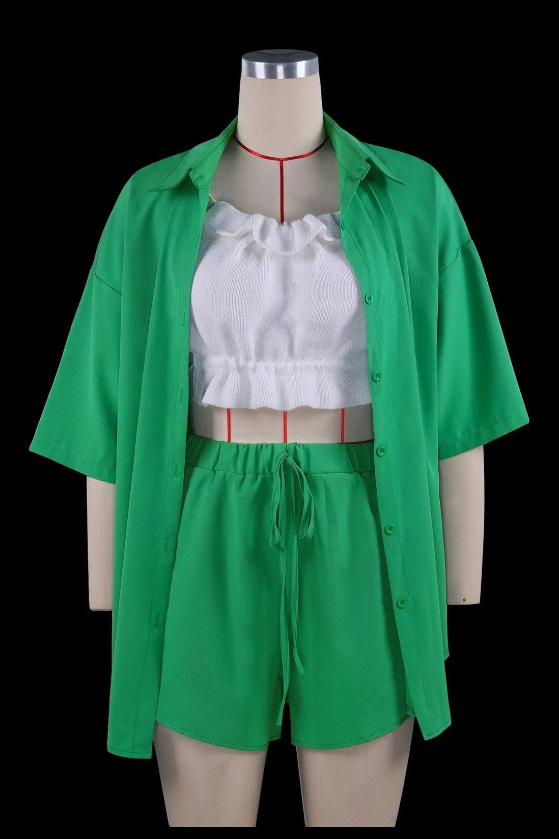 Women's Two Piece 3/4 Sleeve Button Down Shirt And Shorts Outfit