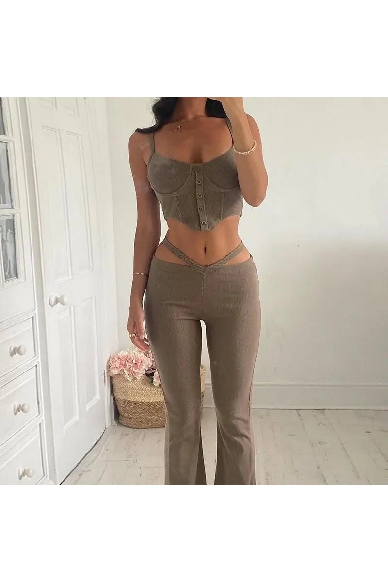 Women's Two Piece Bustier Crop Top And Boot Cut Pants Outfit