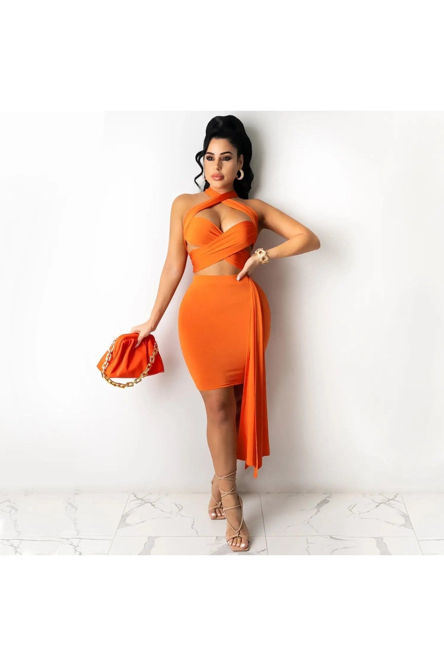 Women's Two Piece Criss Cross Halter Top And Bodycon Skirt Outfit