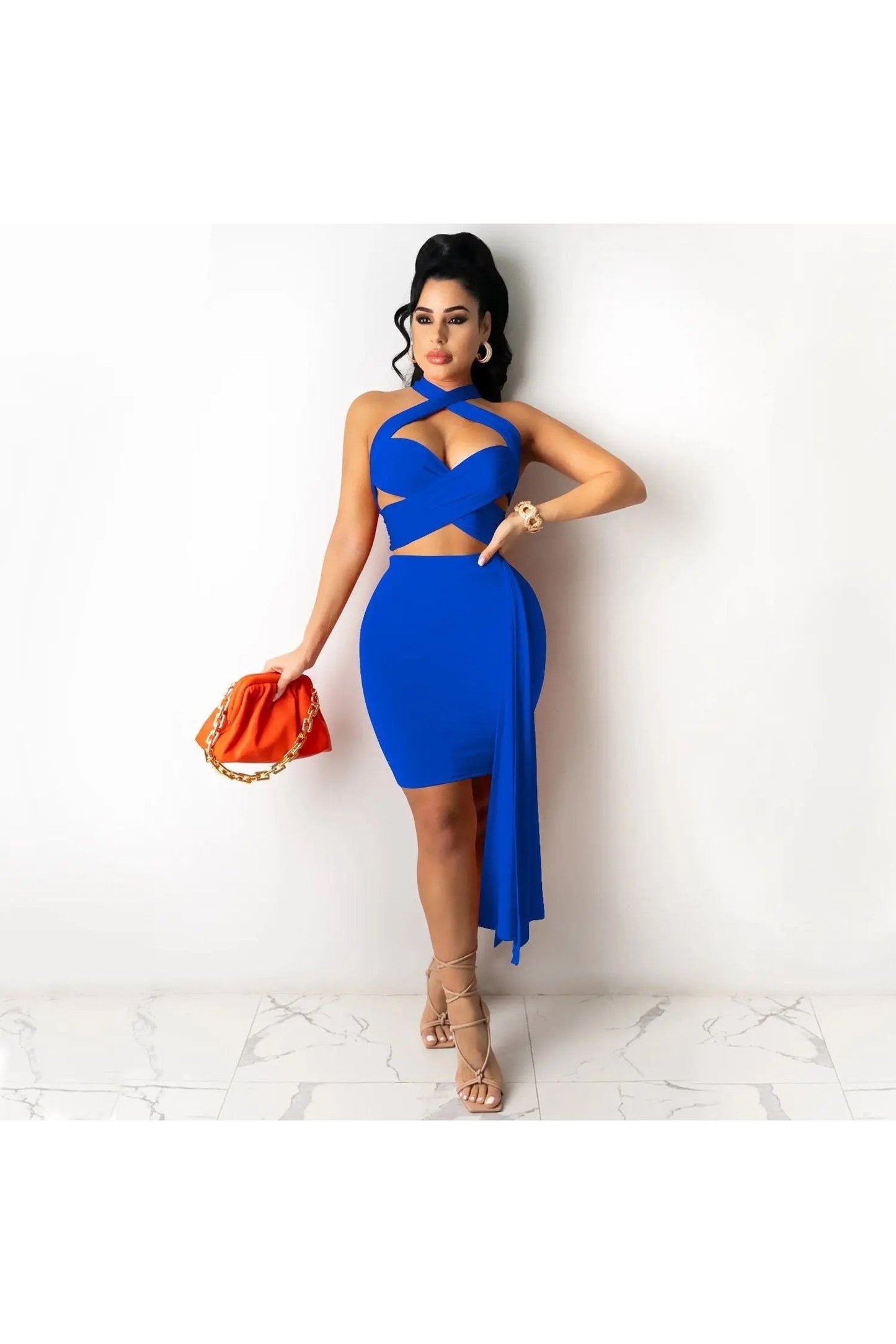 Women's Two Piece Criss Cross Halter Top And Bodycon Skirt Outfit