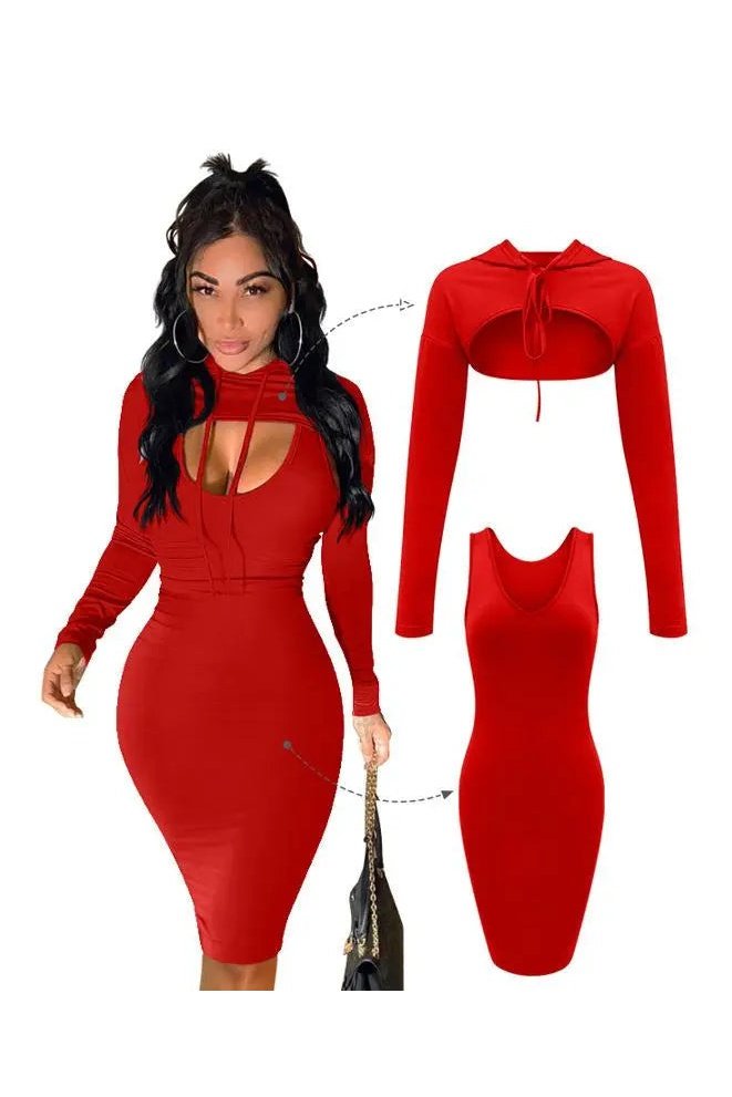 Women's Two Piece Crop Hoodie And Tank Bodycon Dress Outfit