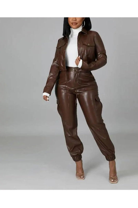 Women's Two Piece Faux Leather Crop Jacket And Cargo Pants Outfit