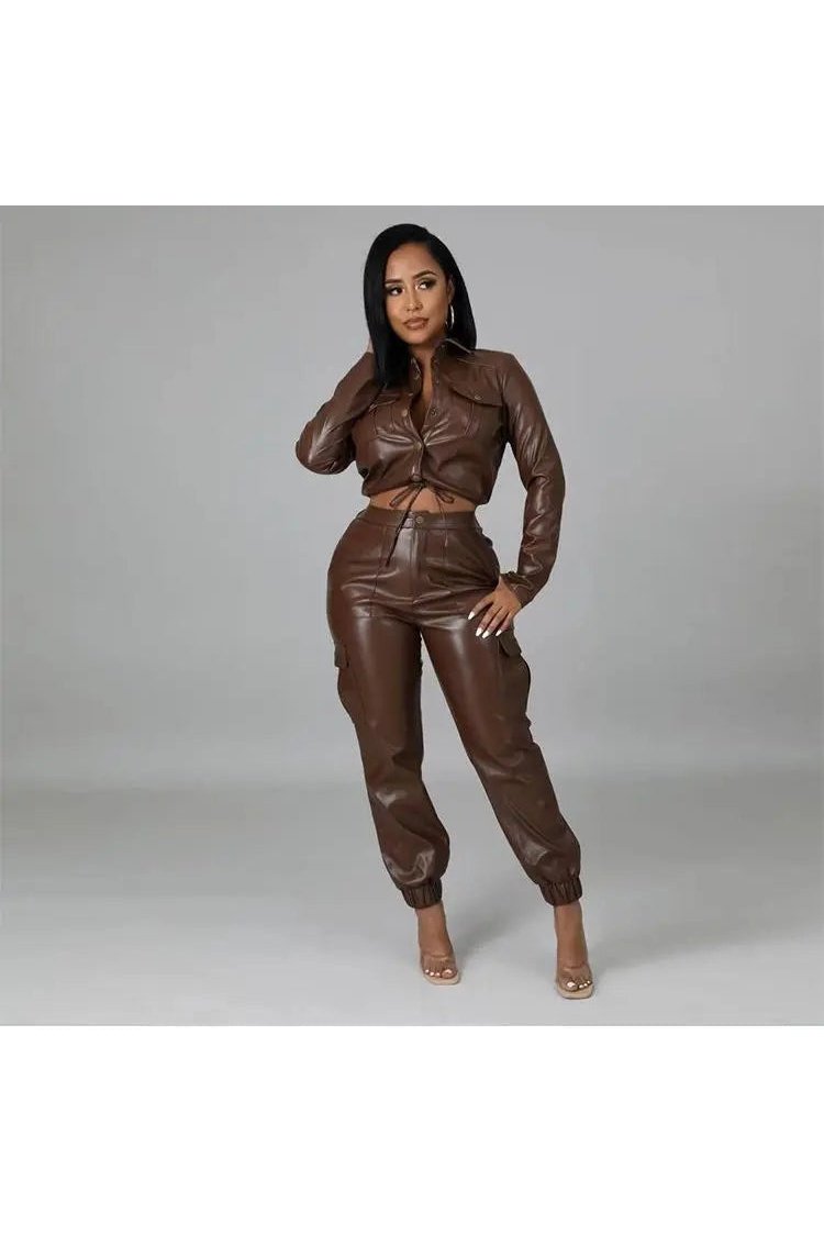 Women's Two Piece Faux Leather Crop Jacket And Cargo Pants Outfit