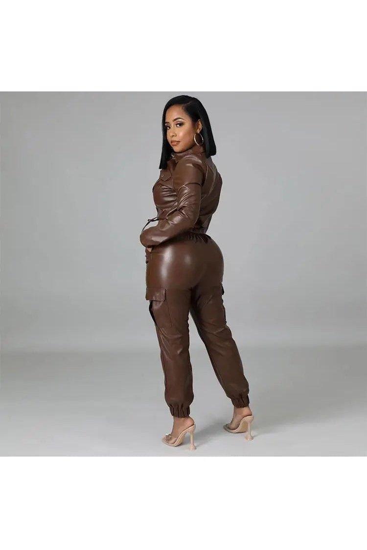 Women's Two Piece Faux Leather Crop Jacket And Cargo Pants Outfit