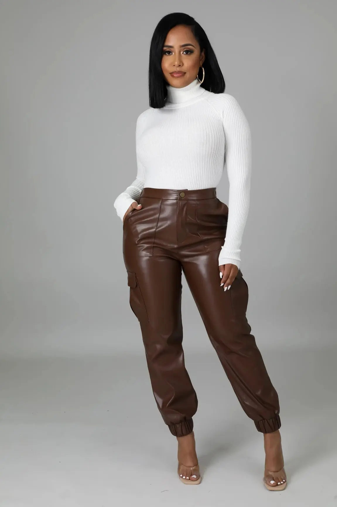 Women's Two Piece Faux Leather Crop Jacket And Cargo Pants Outfit