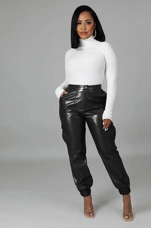 Women's Two Piece Faux Leather Crop Jacket And Cargo Pants Outfit