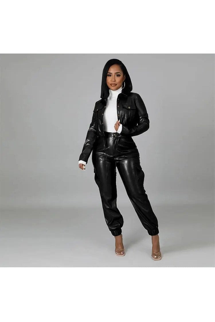 Women's Two Piece Faux Leather Crop Jacket And Cargo Pants Outfit