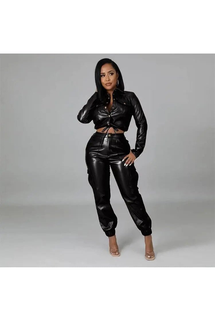 Women's Two Piece Faux Leather Crop Jacket And Cargo Pants Outfit