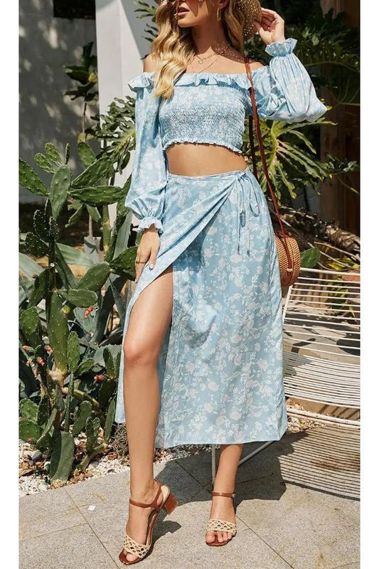 Women's Two Piece Floral Off The Shoulder Crop Top And Skirts Set