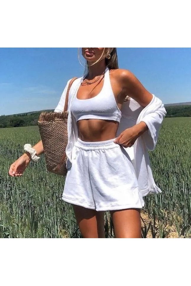 Women's Two Piece Fuzzy Button Down Shirt And Shorts Outfit