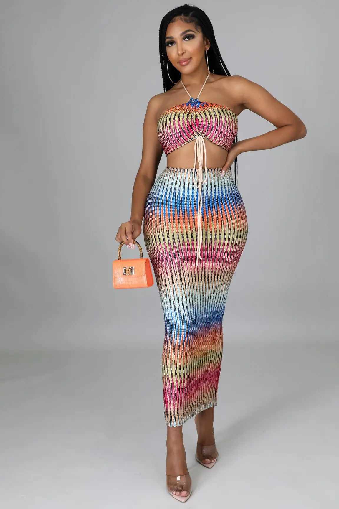 Women's Two Piece Gradient Halter Crop Top And Maxi Bodycon Skirts Set