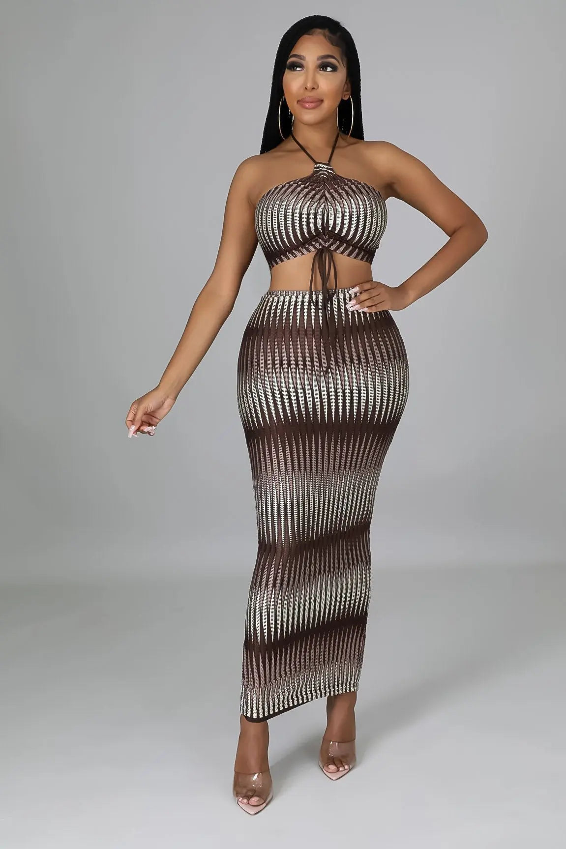 Women's Two Piece Gradient Halter Crop Top And Maxi Bodycon Skirts Set