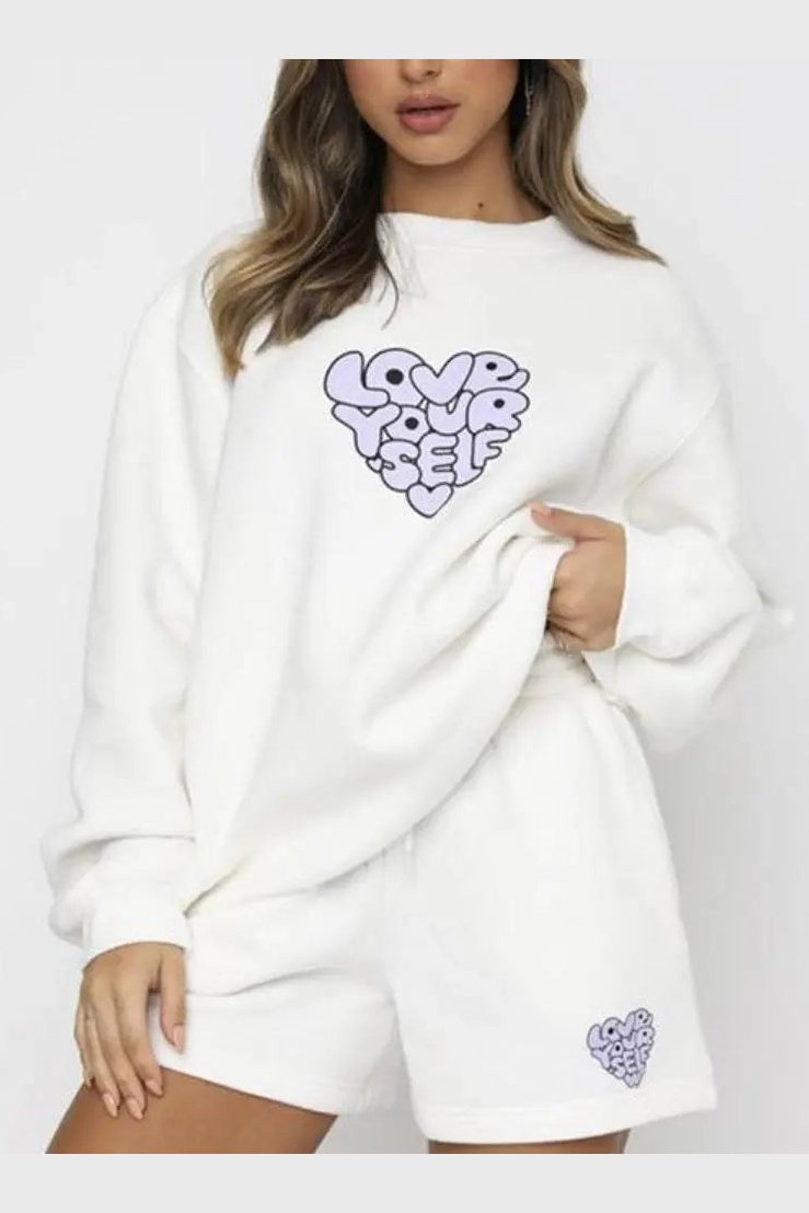 Women's Two Piece Heart Print Sweatshirt And Shorts Set