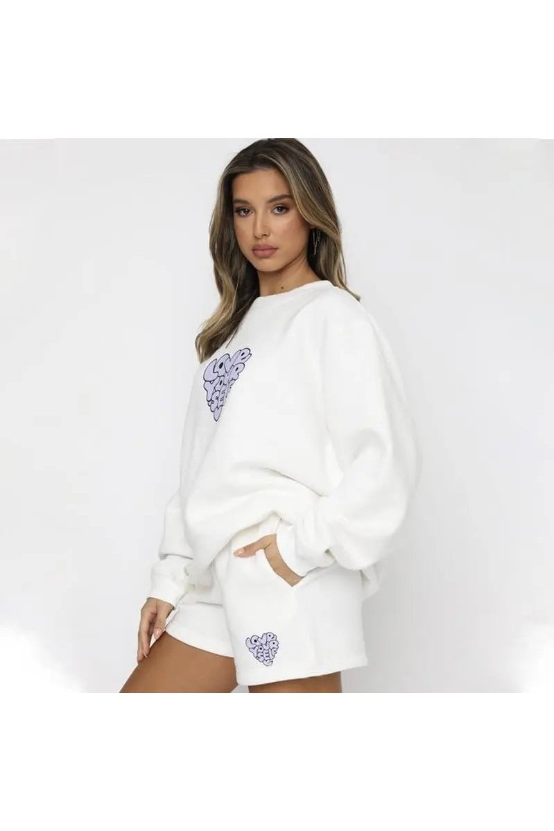 Women's Two Piece Heart Print Sweatshirt And Shorts Set