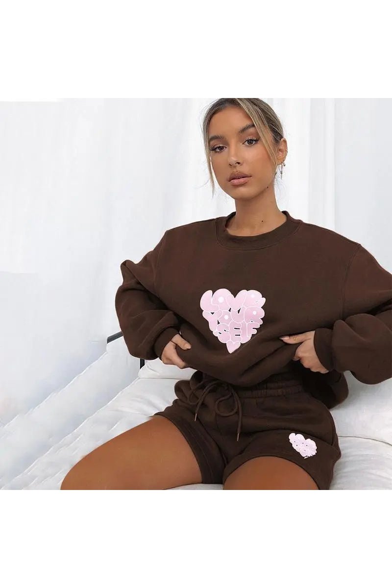 Women's Two Piece Heart Print Sweatshirt And Shorts Set