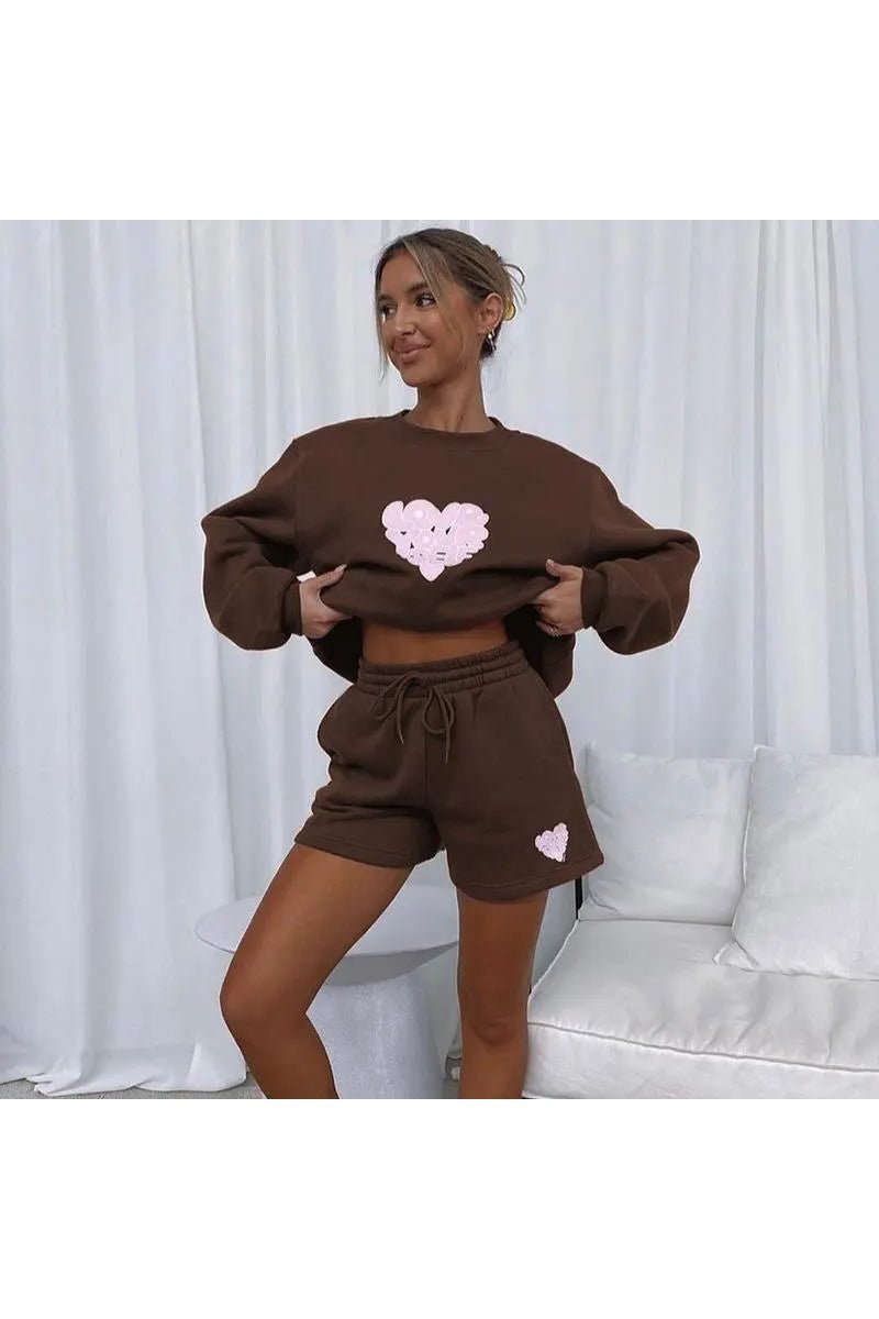 Women's Two Piece Heart Print Sweatshirt And Shorts Set