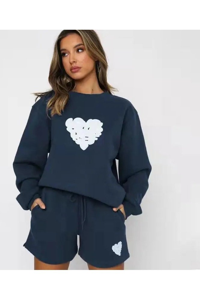 Women's Two Piece Heart Print Sweatshirt And Shorts Set