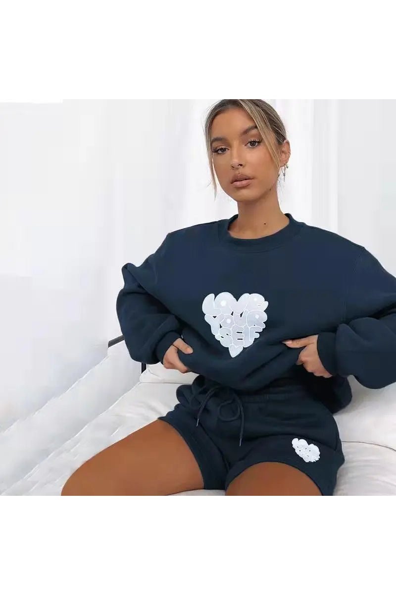 Women's Two Piece Heart Print Sweatshirt And Shorts Set