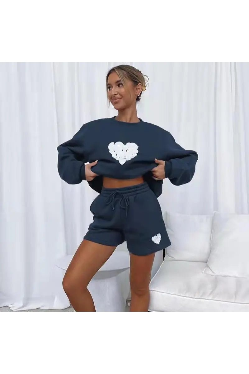 Women's Two Piece Heart Print Sweatshirt And Shorts Set