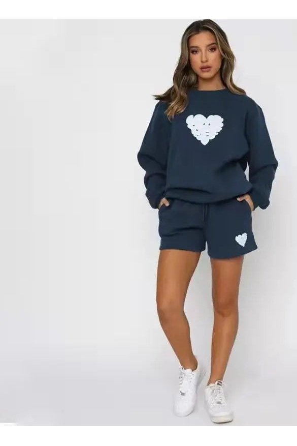 Women's Two Piece Heart Print Sweatshirt And Shorts Set