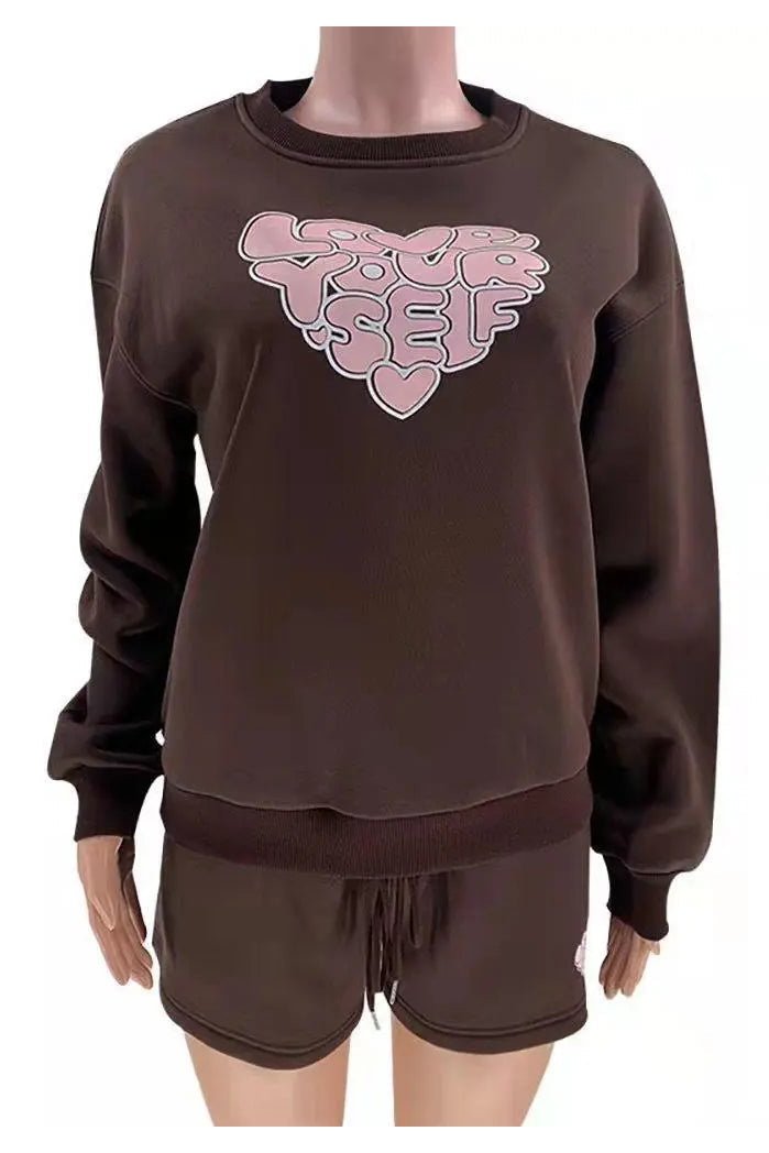 Women's Two Piece Heart Print Sweatshirt And Shorts Set