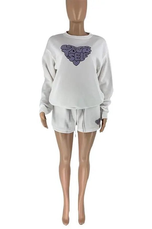 Women's Two Piece Heart Print Sweatshirt And Shorts Set