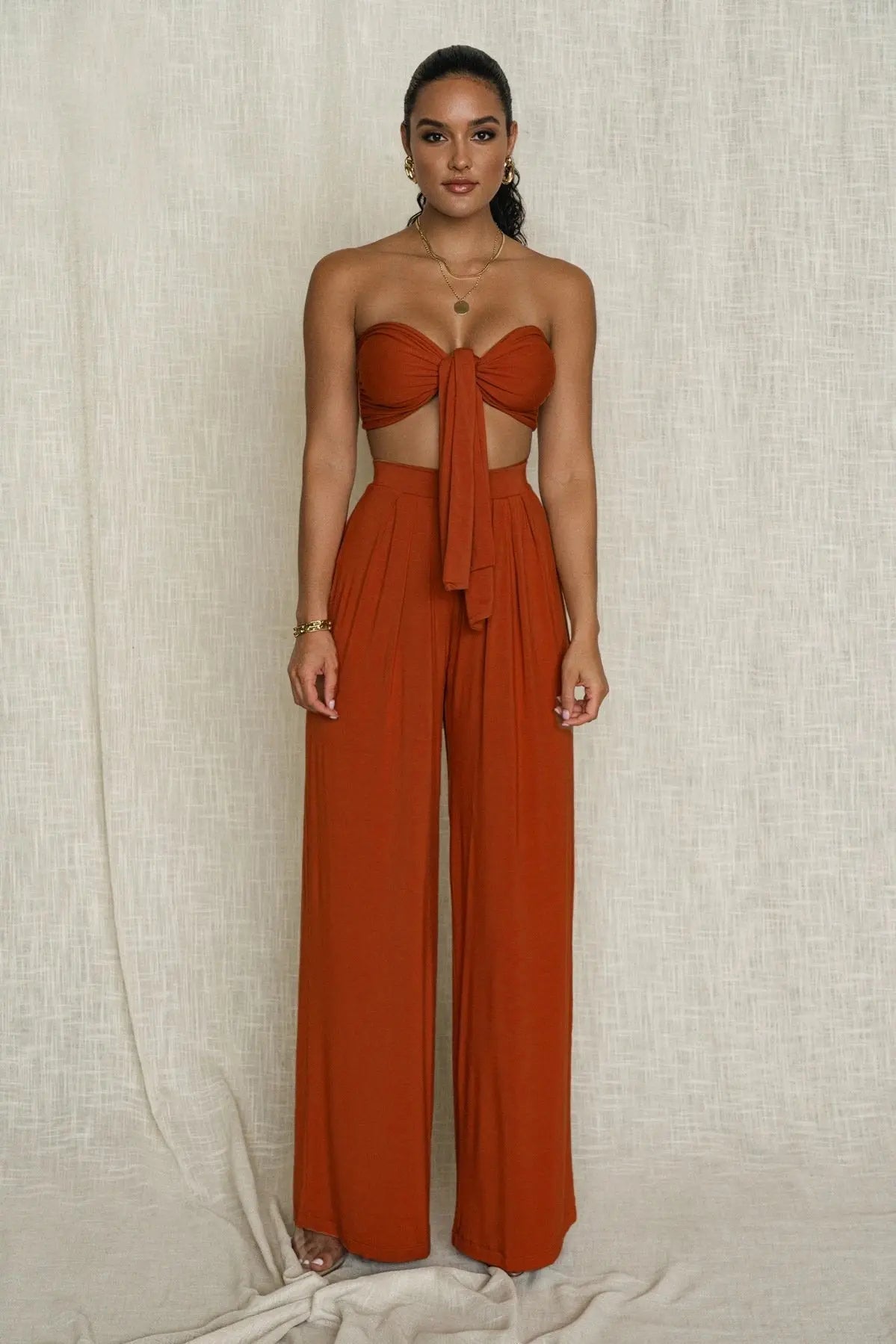 Women's Two Piece Knot Front Bandeau Crop Top And Wide Leg Pants Outfit