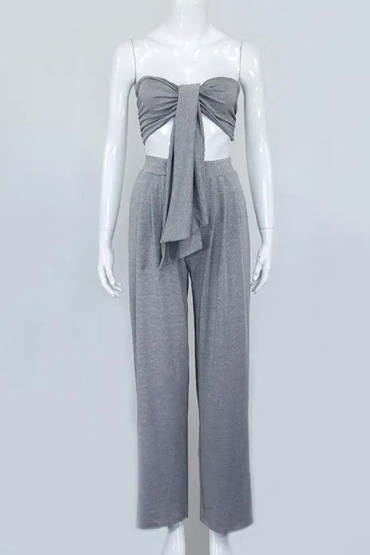 Women's Two Piece Knot Front Bandeau Crop Top And Wide Leg Pants Outfit