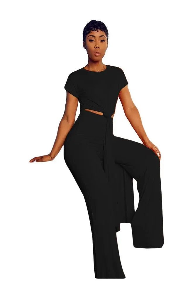 Women's Two Piece Knot Front Crop Top And Wide Leg Pants Outfit