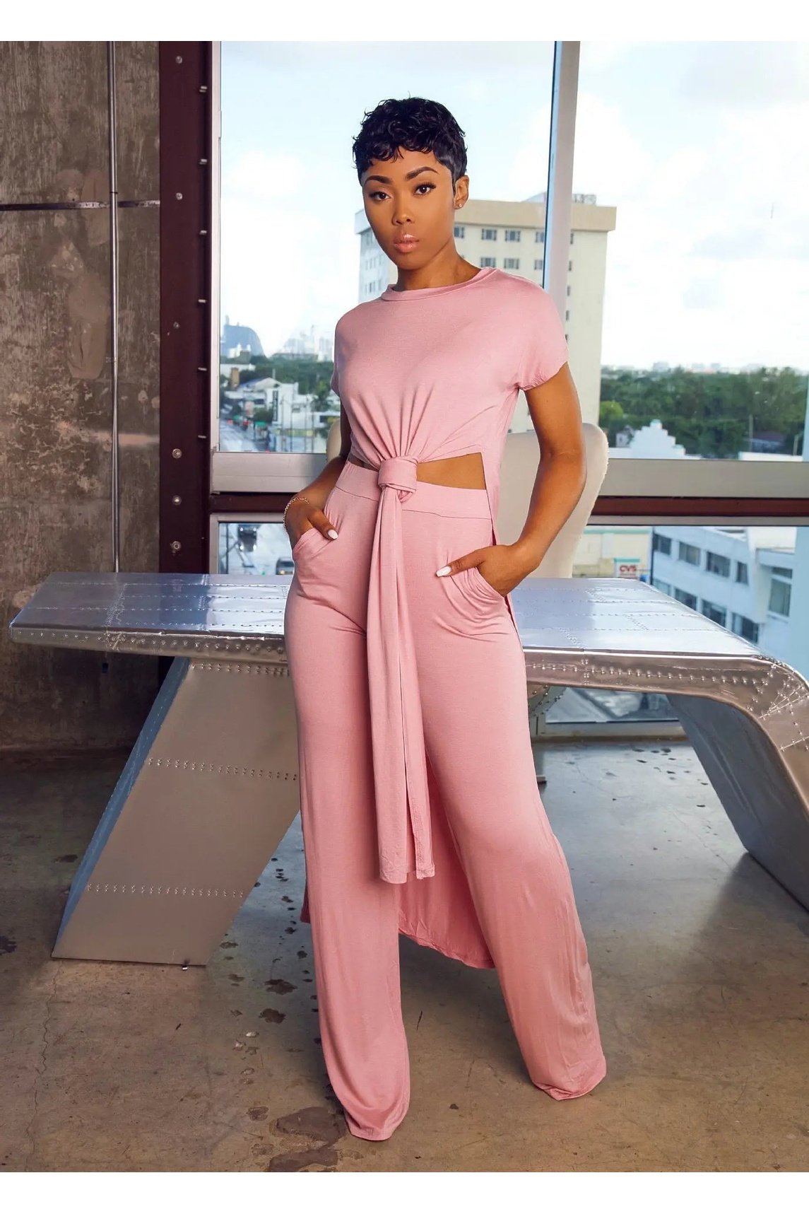 Women's Two Piece Knot Front Crop Top And Wide Leg Pants Outfit