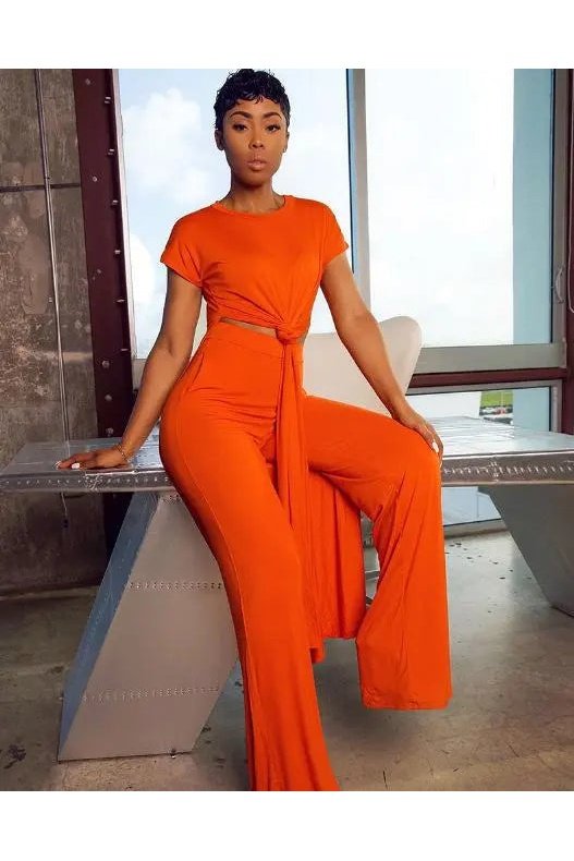 Women's Two Piece Knot Front Crop Top And Wide Leg Pants Outfit