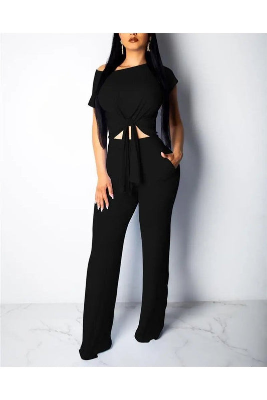 Women's Two Piece Knot Front Tops And Wide Leg Pants Outfit