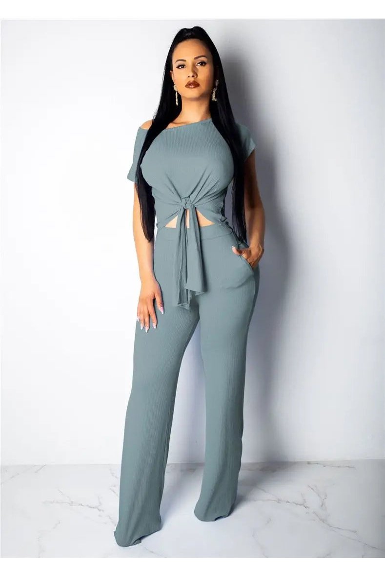 Women's Two Piece Knot Front Tops And Wide Leg Pants Outfit