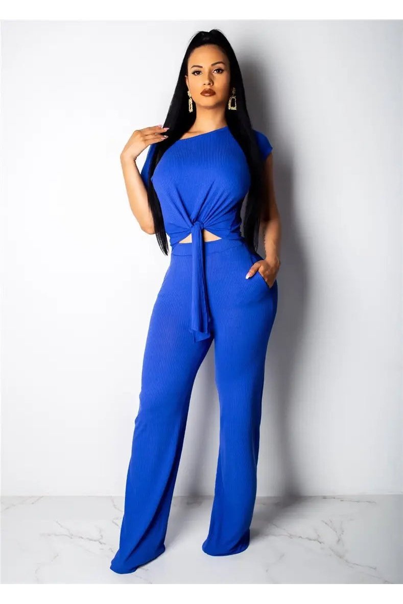 Women's Two Piece Knot Front Tops And Wide Leg Pants Outfit