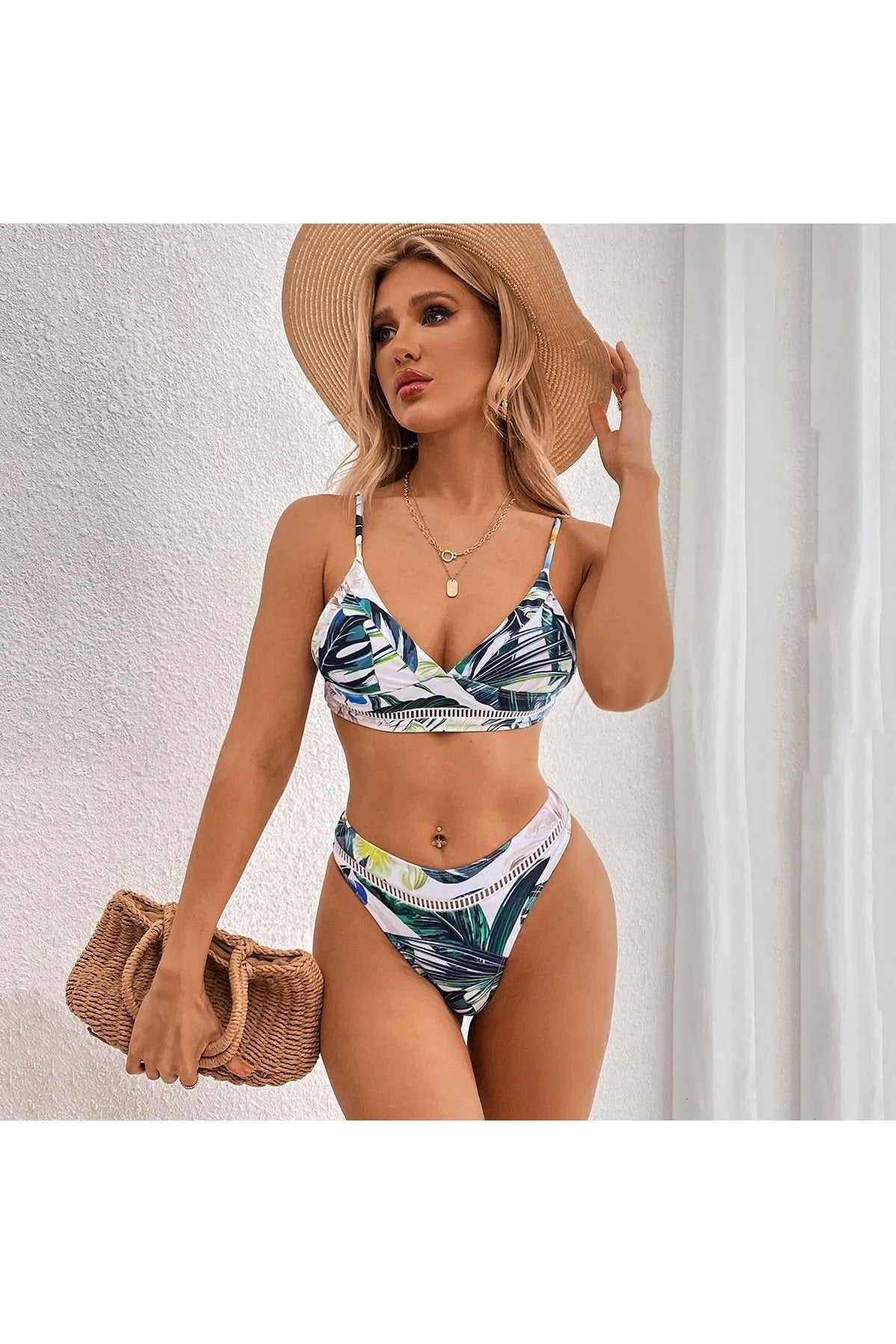 Women's Two Piece Leaves Print Surplice High Cut Bikini Swimsuit