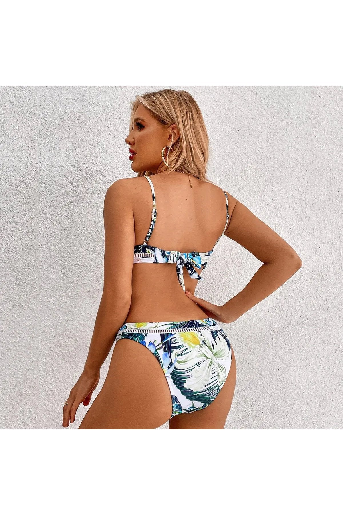 Women's Two Piece Leaves Print Surplice High Cut Bikini Swimsuit