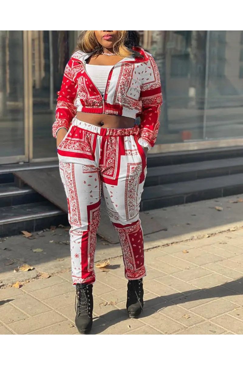 Women's Two Piece Paisley Print Crop Jacket And Pants Outfit